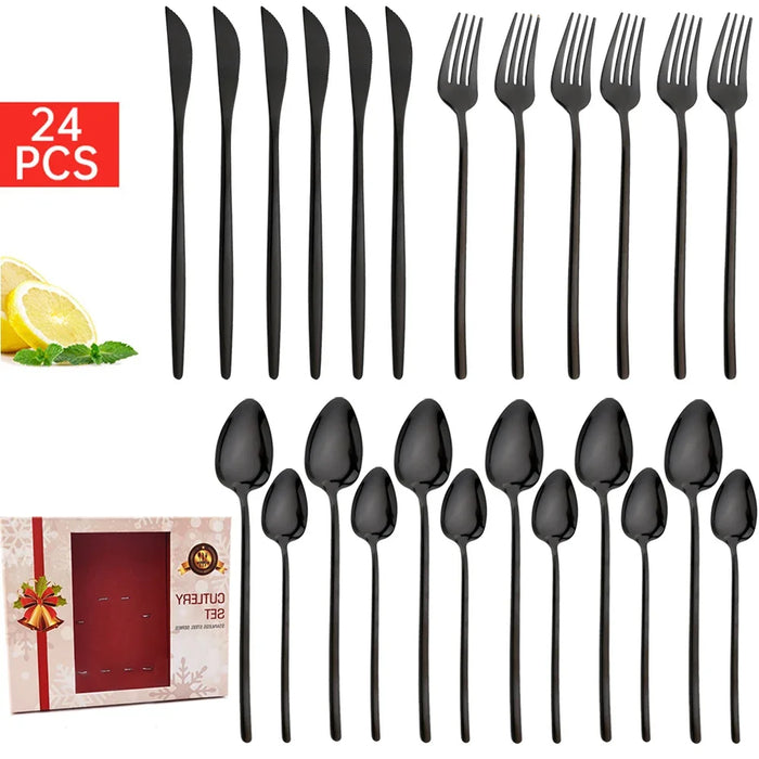 24 Piece Stainless Steel Christmas Dinnerware Set Black Cutlery Gift