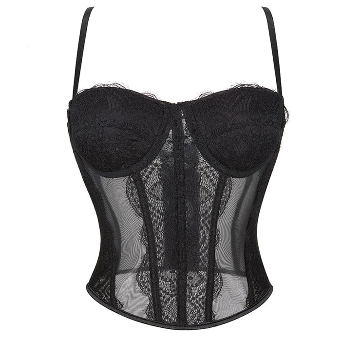 Mesh Lace Plus Size Corset With Spaghetti Straps & G-String 9 Plastic Bones Hook Adjust S-Xxxl