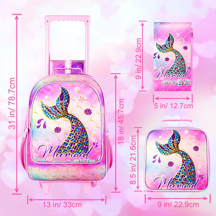 3 Piece Mermaid Rolling Backpack For Girls Water Resistant Uv Printed Fits Kids School Travel