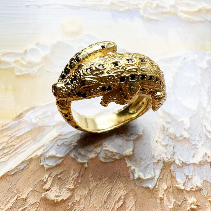 925 Sterling Silver Vintage Crocodile Ring Yellow Gold Plated Unisex