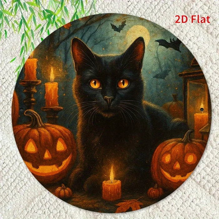 Retro Round Iron Sign Spooky Black Cat & Pumpkin Lantern For Bedroom Or Dining Room