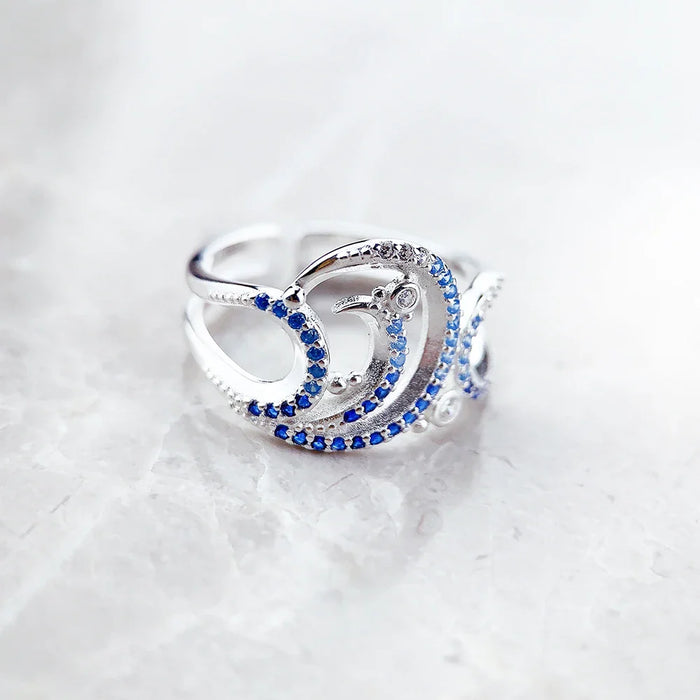 925 Sterling Silver Blue Stone Wave Cocktail Ring Real For Women