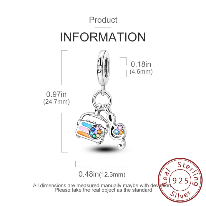 925 Sterling Silver Music Note Microphone Charm Fits Bracelet Diy Gift For Women