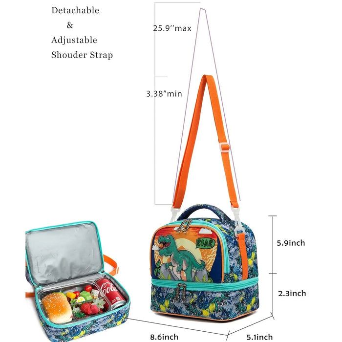 Insulated Bento Cooler Bag For Kids 2 Compartments Adjustable Strap