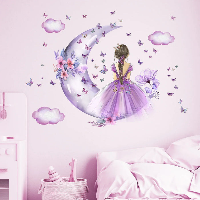 2 Piece Cloud Moon Butterfly Wall Decals For Girls Room Decor