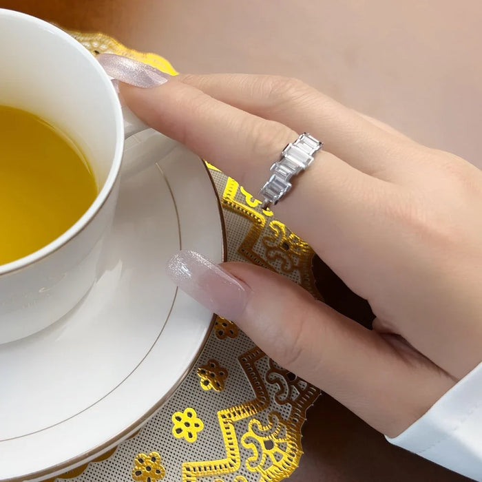925 Sterling Silver Baguette Cut White Stone Ring European Style Fine Jewelry For Women