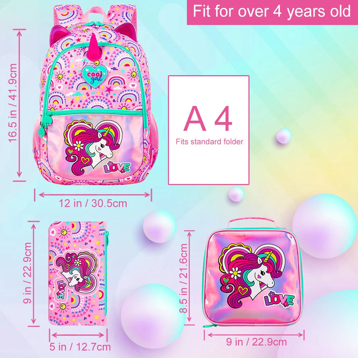 16.5 Inch Unicorn Backpack Set For Girls Waterproof Lightweight