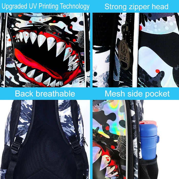 3 Piece Shark Backpack Set For Boys 16 Inch Bookbag With Lunch Box Elementary School
