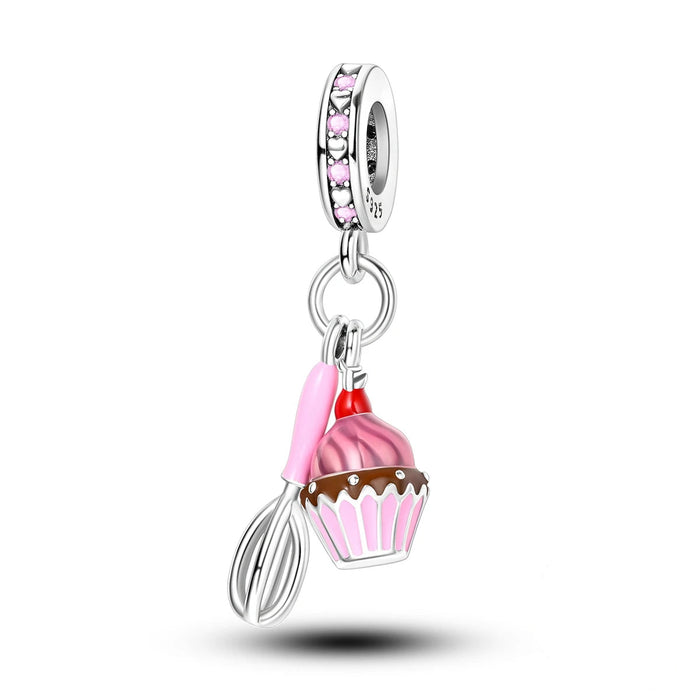 925 Sterling Silver Pink Egg Beater & Cake Pendant Charm Fits Bracelet Diy Gift