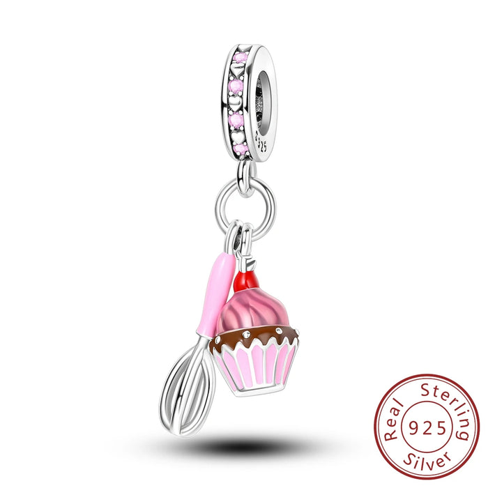 925 Sterling Silver Pink Egg Beater & Cake Pendant Charm Fits Bracelet Diy Gift