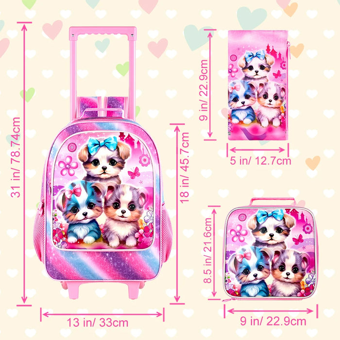 3 Piece Girls Rolling Backpack Set With Lunch Bag Dog