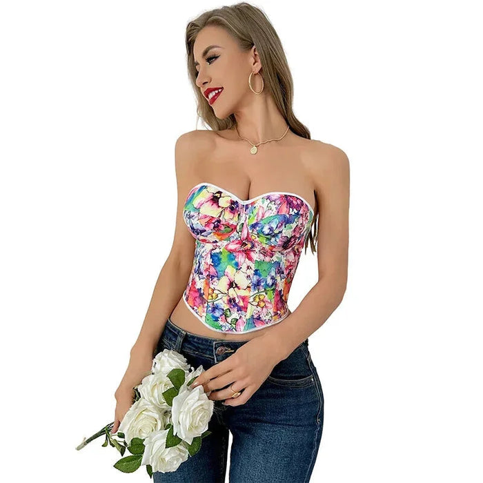 Floral Print Lace Bustier Plus Size S-Xxl Strapless Corset With Boning And Lace-Up Closure