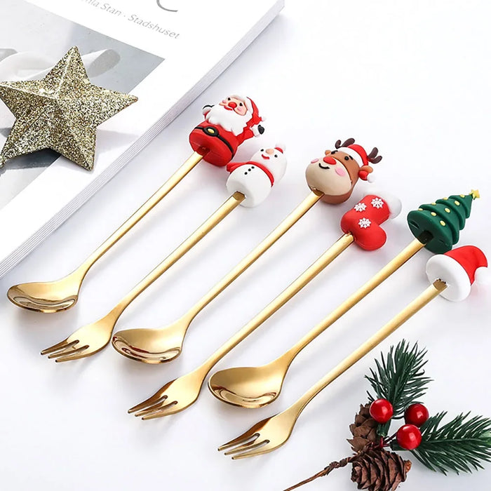 Christmas Cutlery Set 4 / 6 Piece Elk Tree Snowman Design Spoons Forks Tableware Gift