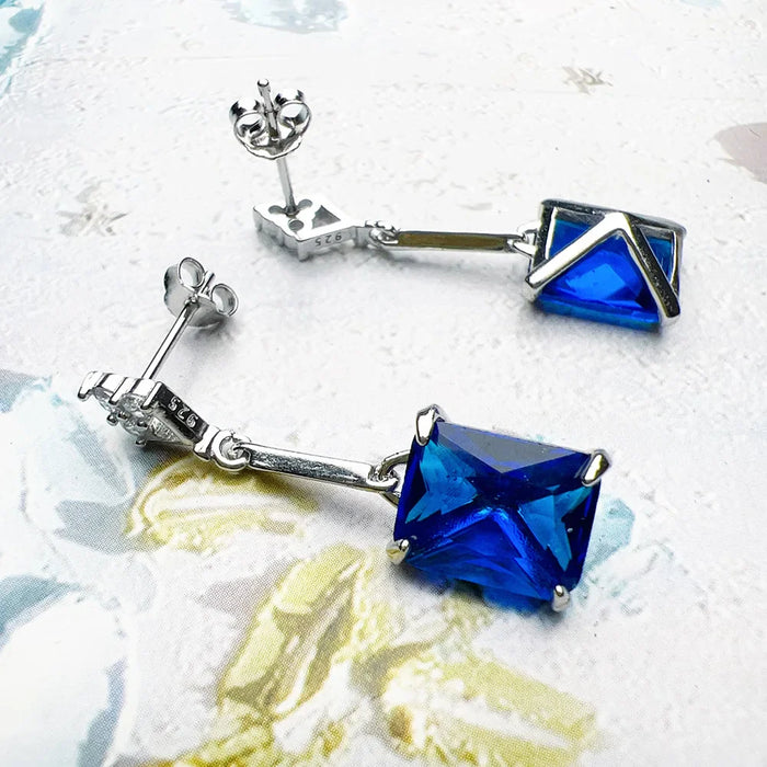 925 Sterling Silver Dangle Earrings With Sapphire Blue Stones Elegant For Women