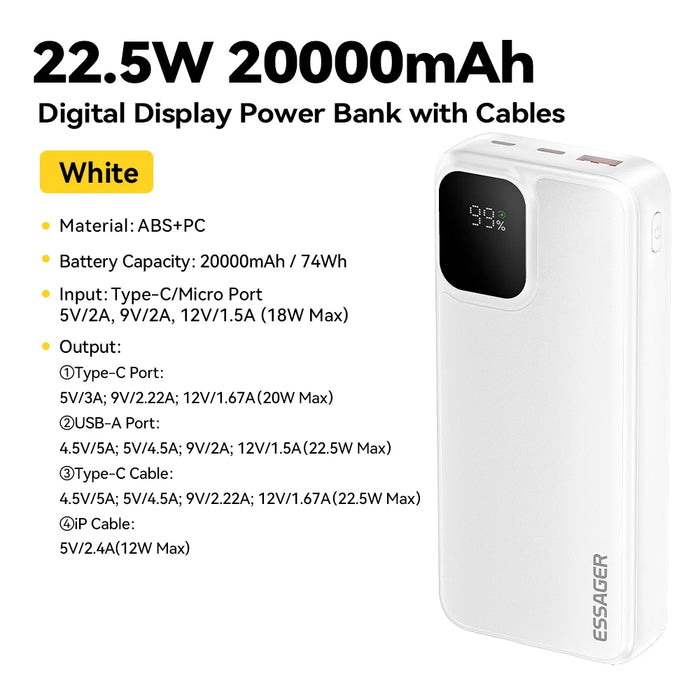 Portable Power Bank 20000Mah With Two Built-In Cables External Battery Pd 22.5W Fast Charging For Iphone16 15 Pro Xiaomi