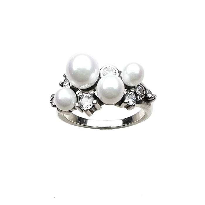 925 Sterling Silver White Stone & Freshwater Pearl Ring Europe Style For Women