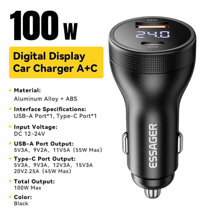 100W Usb C Car Charger Pd3.0 Fast Charging Quick Charge 4.0 Adapter For Iphone 16 Macbook Xiaomi Laptop Digital Dispaly