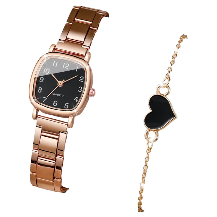 2 Piece Square Quartz Watch Steel Band Heart Bracelet