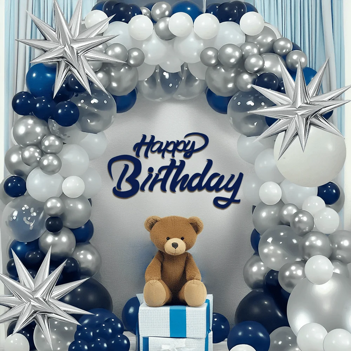114Pcs Birthday Balloon Arch Set Ink-Blue 18-Inch Silver Exploding Star Birthday Party Outdoor Party Universal Decoration House