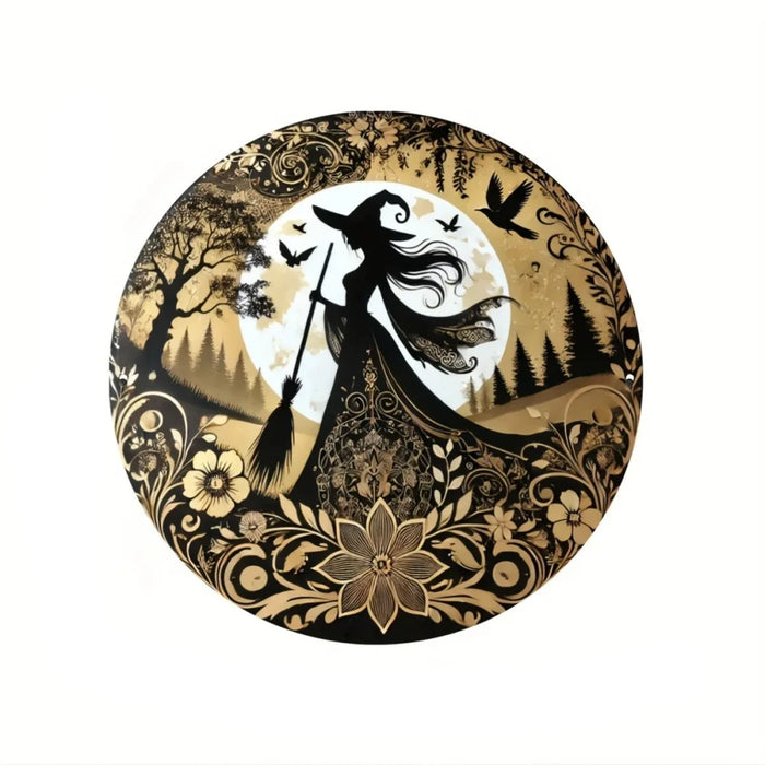 8X8 Inch Gothic Witch Metal Sign Circular Flower Wreath Decor