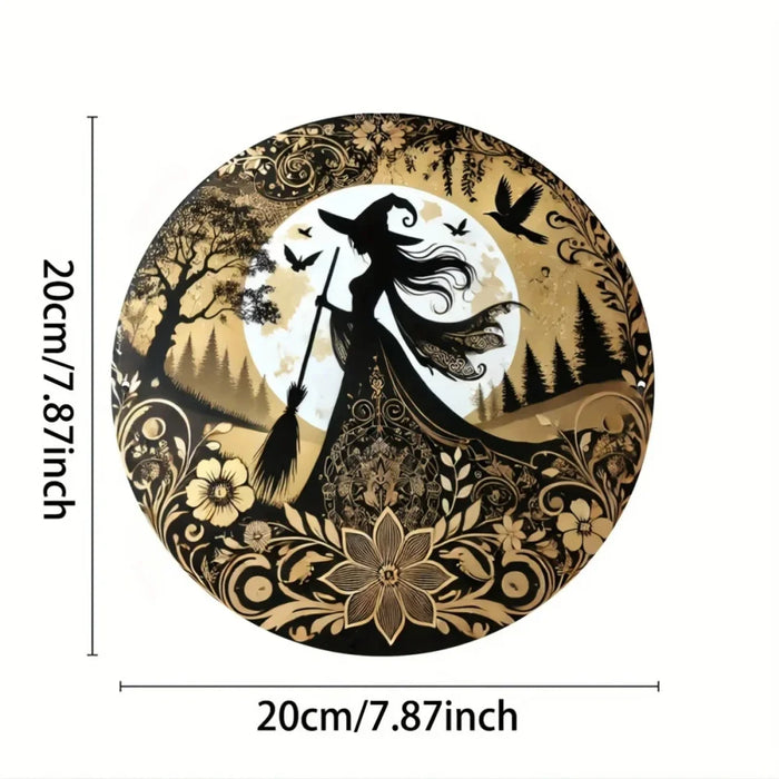 8X8 Inch Gothic Witch Metal Sign Circular Flower Wreath Decor
