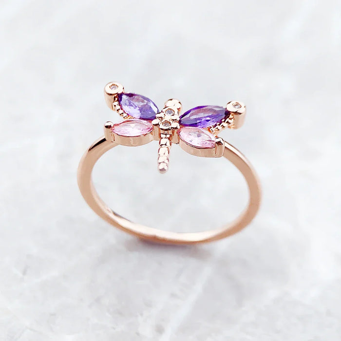 925 Sterling Silver Rose Gold Dragonfly Ring Europe Style Fine Jewelry For Women