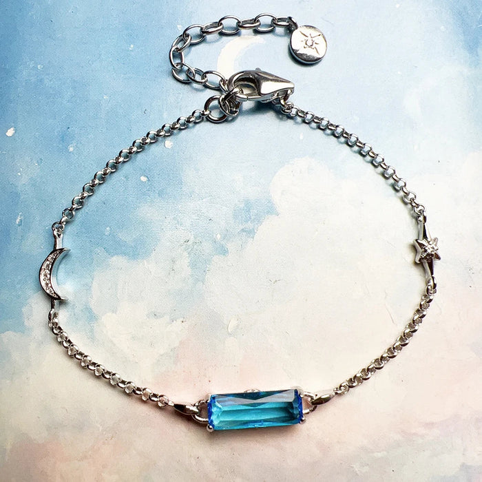 925 Sterling Silver Blue Stone Moon & Star Bracelet Boho For Women