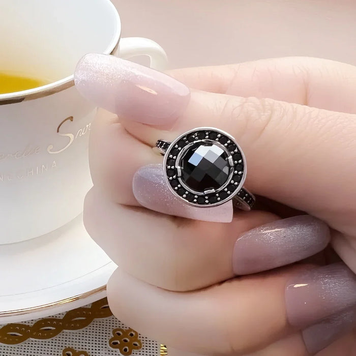 925 Sterling Silver Light Of Luna Black Solitaire Ring Europe Style Glam Fashion Jewelry