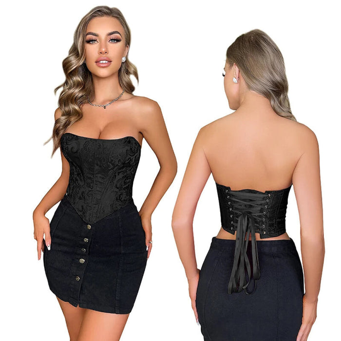 Strapless Lace Up Boned Bustier Corset Plus Size Xs-6Xl Black Brocade Side Zip Bodyshaper Crop Top