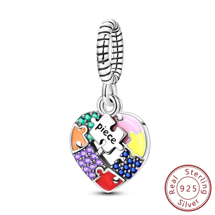 925 Sterling Silver Colourful Puzzle Pendant Charms For Bracelet Diy Gift
