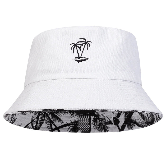 Double Sided Coconut Tree Embroidery Bucket Hat For Unisex Outdoor Sun Protection