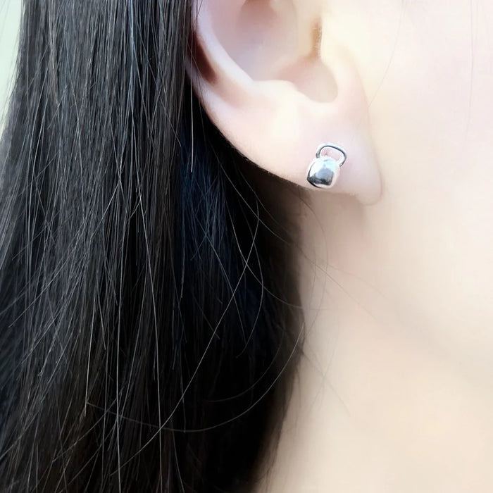 925 Sterling Silver Sporty Glam Kettlebell Stud Earrings