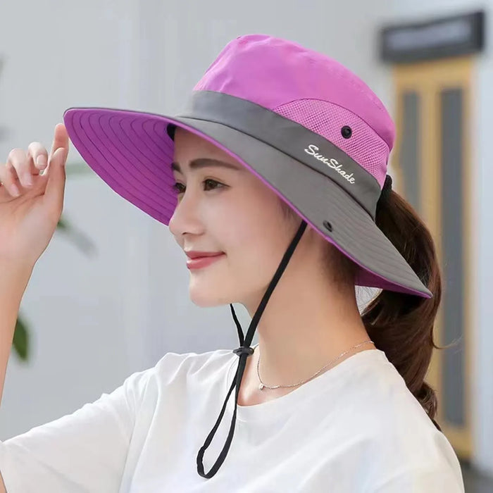 Quick Drying Large Brim Bucket Hat For Women Sun Protection & Ponytail Opening Outdoor Fishermen Cap