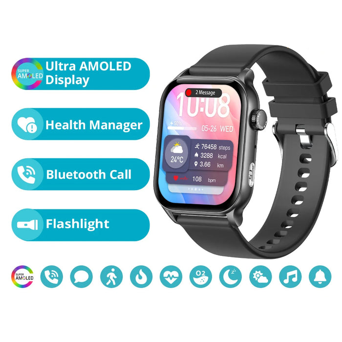 Unisex 1.95 Inch Hd Amoled Smartwatch With Voice Calling And Health Monitoring