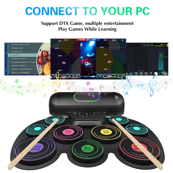 Portable Electronic Drum Set For Kids & Adults 9 Pads Dual Speakers Headset Jack Drumsticks Foot Pedals