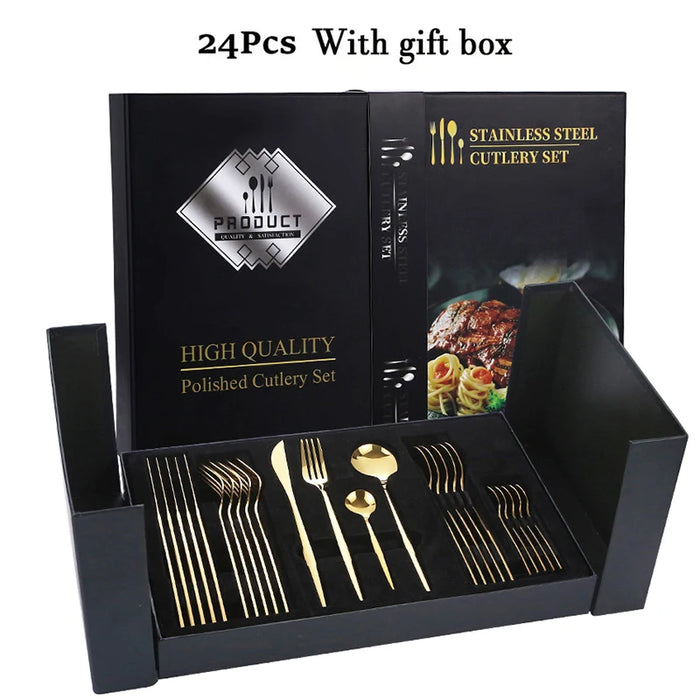 24 Piece Black & Gold Stainless Steel Cutlery Set Ideal For Festive Occasions & Dinners