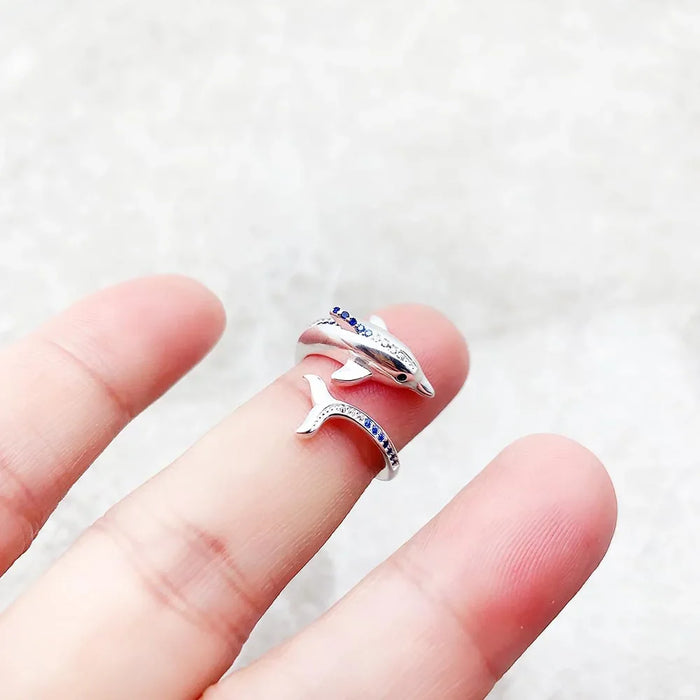 925 Sterling Silver Blue Stone Dolphin Ring Cheerful For Women