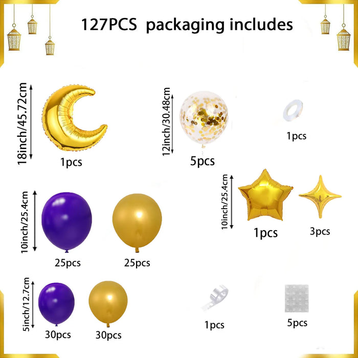 127Pcs Eid Purple And Goldballoon Arch Set Suitable For Decorating Family Gatherings Birthday Parties And Other Scenes During Eid