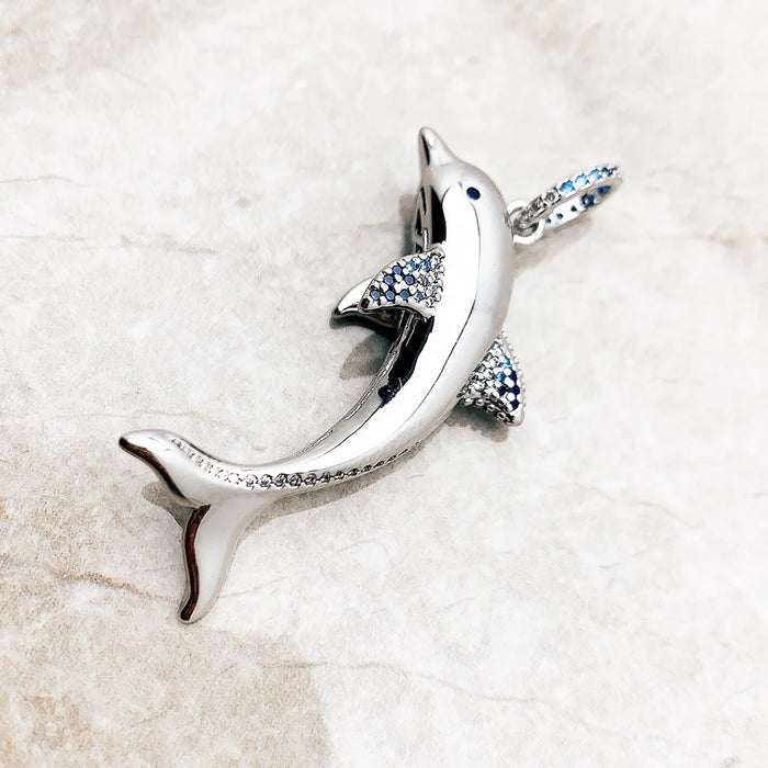 925 Sterling Silver Cheerful Dolphin Pendant With Blue Stones Jewelry Good Luck Gift For Women