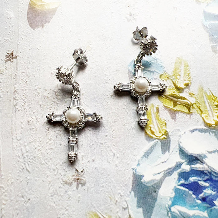 925 Sterling Silver Romantic Gift White Stone Cross Earrings Lucky For Women