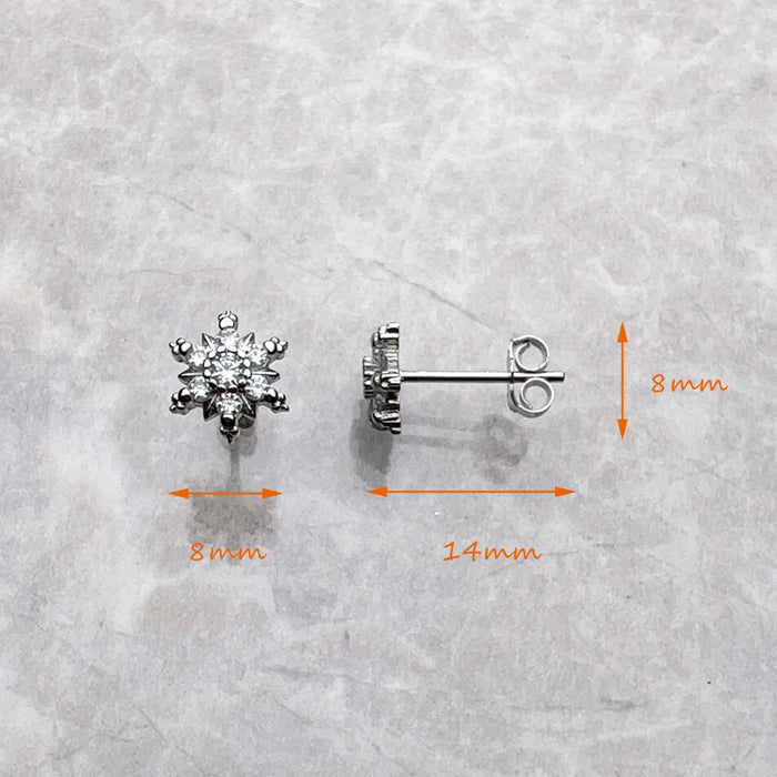 925 Sterling Silver Snowflake Studs Fine With White Stones
