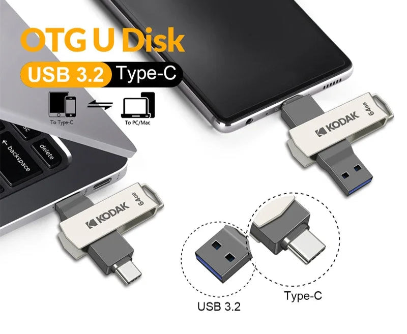 Kodak 32gb / 64gb / 128gb Dual Use USB Flash Drive Type C 3.1 Rotating Design