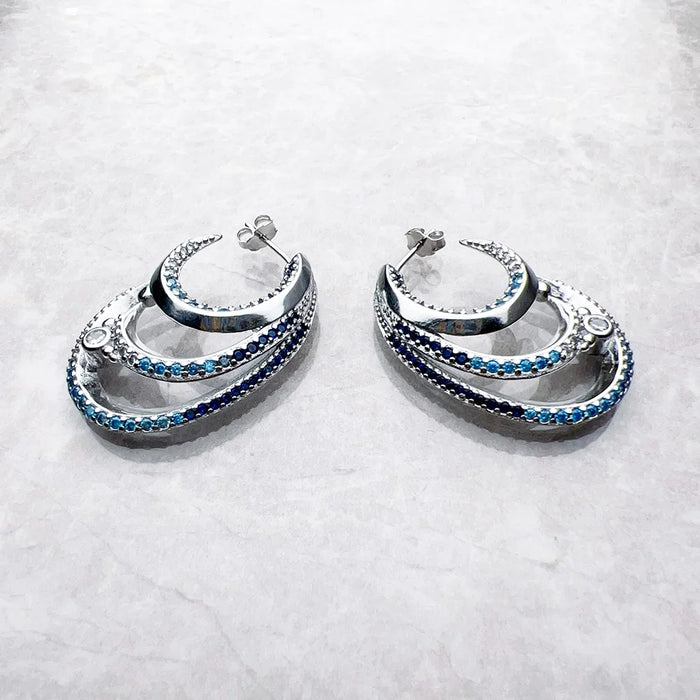 925 Sterling Silver Blue Stone Creole Hoop Earrings Boho Style Jewelry For Women
