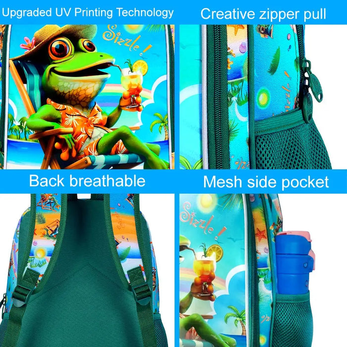 3 Piece Boys Backpack Set 16 Inch Bookbag Lunch Box Frog Design