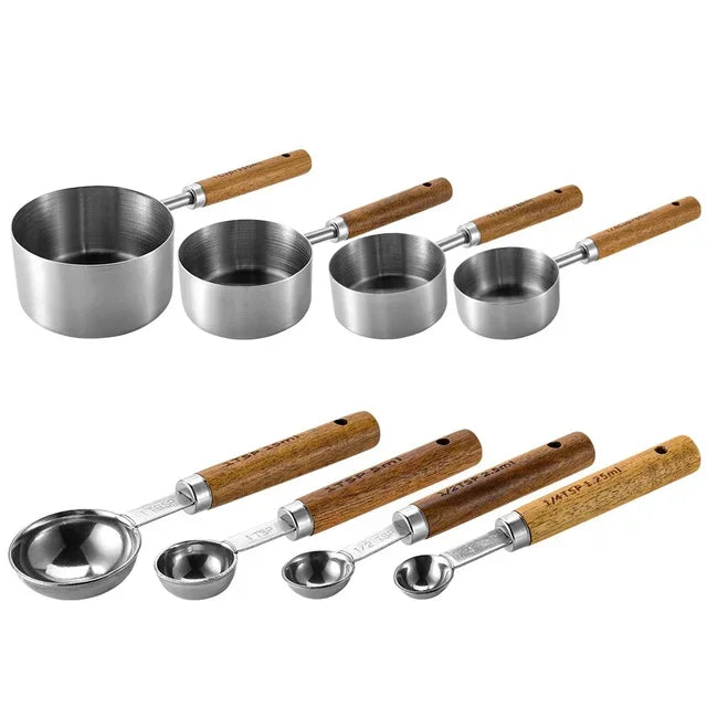 8 Piece Gold Stainless Steel Measuring Set With Wooden Handles