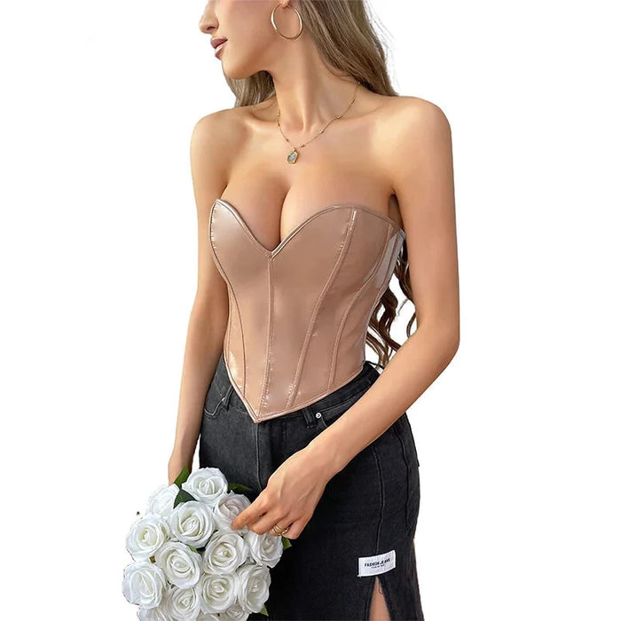 Khaki Women Pvc Leather Gothic Corselet Vest Xs-Xxl Zip & Lace Up Boned Strapless