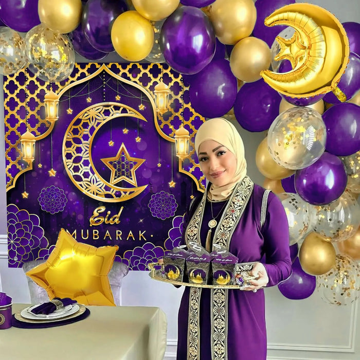 127Pcs Eid Purple And Goldballoon Arch Set Suitable For Decorating Family Gatherings Birthday Parties And Other Scenes During Eid