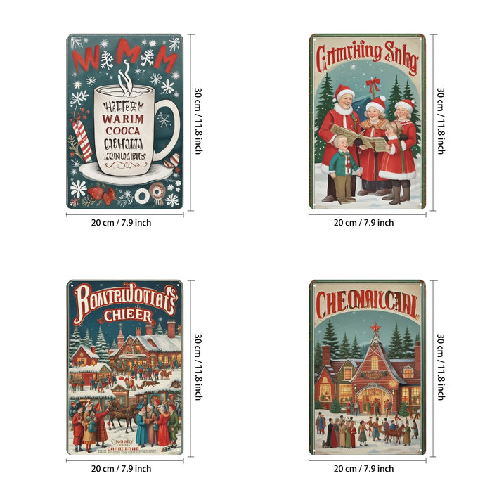 Set Of 4 Vintage Metal Christmas Tin Signs