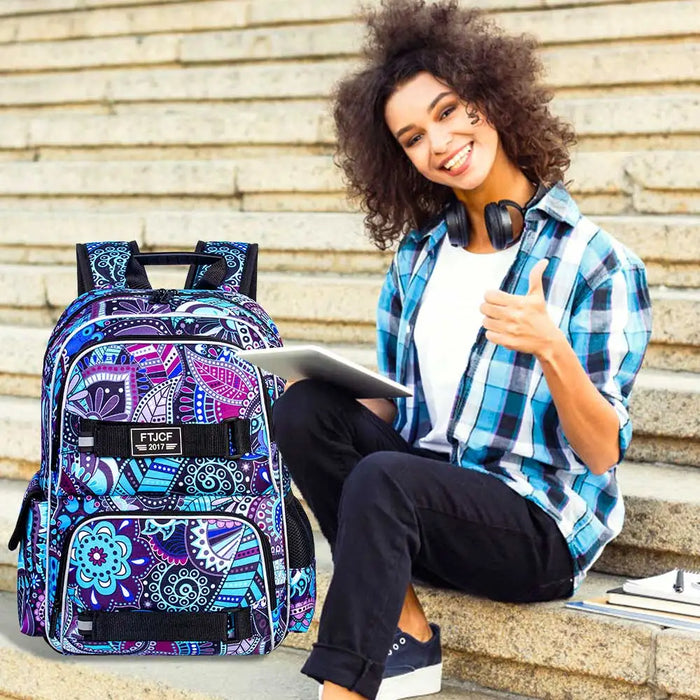 3 Piece Floral Backpack Set 16 Inch School Bag Anti Theft Daypack Lunch Bag