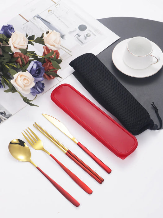 4 Piece Portable Cutlery Set With Box Knife Fork Spoon Chopsticks